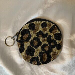 INK + ALLOY Small Round Seed Bead Beaded Cheetah Print Coin Purse Zip Around